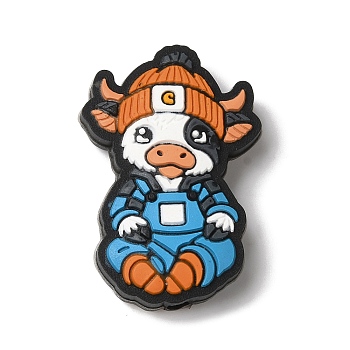 Cow with Beanie Cap Silicone Focal Beads, Silicone Teething Beads, Cattle Shape, Blue, 30x20x8mm, Hole: 3mm