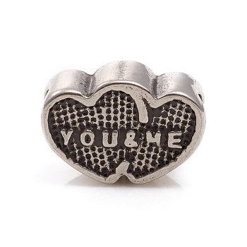Valentine's Day 304 Stainless Steel European Beads, Large Hole Beads, Heart with Word You & Me, Antique Silver, 10x15x7mm, Hole: 5mm