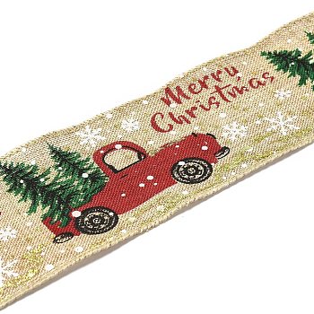 Christmas Theme Polyester Imitation Linen Ribbon, for Christmas Crafts Decoration, Car Pattern, Wheat, 2 inch(50mm), about 5m/1pc