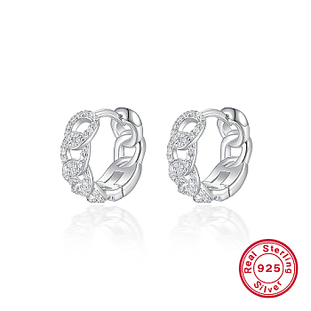 Rhodium Plated 925 Sterling Silver Micro Pave Cubic Zirconia Hoop Earrings, Curb Chains Shape, Platinum, 11x5.2mm