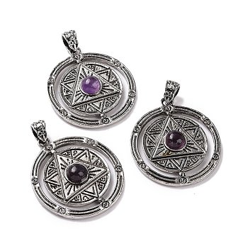 Natural Amethyst Pendants, Flat Round with Hexagram Charms, with Antique Silver Plated Alloy Findings, 42.5x37x8mm, Hole: 5.5x4mm
