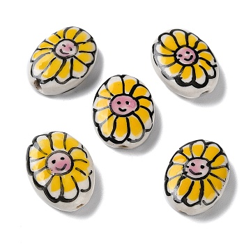 Handmade Porcelain Beads, Famille Rose Porcelain, Oval with Flower, Gold, 19x14~16x5~6mm, Hole: 1.2mm