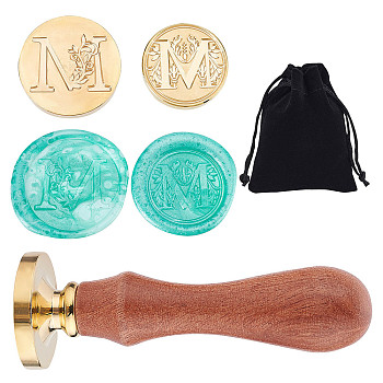 2Pcs 2 Styles Brass Stamp Heads, with 1pc Wood Handle and 1pc Velvet Pouch, For Wax Seal Stamp, Letter Pattern, Letter.M, Head: about 25~30x14mm, 1pc/style