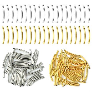 100Pcs 2 Colors Brass Tube Beads, Curved, Nickel Free, Platinum & Golden, 25x2mm, Hole: 1mm, 50pcs/color