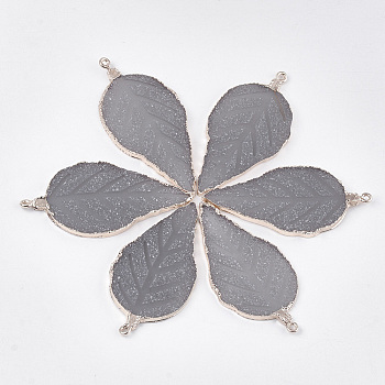 Electroplate Druzy Resin Big Pendants, with Iron Findings, Leaf, Light Gold, Gray, 56~57x27~28x3mm, Hole: 1.6mm