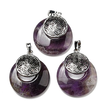 Natural Amethyst Pendants, Spiritual Charms, with Platinum Tone Brass Findings, Flat Round with Flower of Life/Sacred Geometry, 32~32.5x28~30x7~7.5mm, Hole: 5x8mm