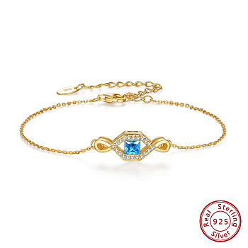 925 Sterling Silver Eye Link Bracelet for Women, with Deep Sky Blue Cubic Zirconia, with S925 Stamp, Real 14K Gold Plated, 6-3/8 inch(16.3cm)