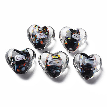 Handmade Lampwork Beads, with Inner Flower, Heart, Black, 15x15~16x9mm, Hole: 1.2mm