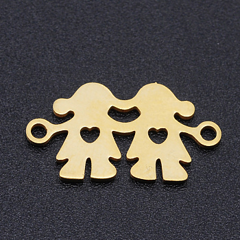 201 Stainless Steel Links connectors, Girl with Girl, Heart , Golden, 10x19x1mm, Hole: 1.5mm