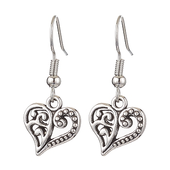 Alloy Dangle Earring, with Brass Earring Hooks, Heart, Antique Silver, 30x13mm