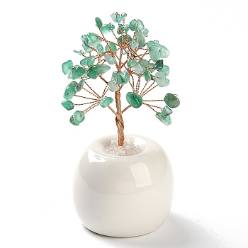 Natural Green Aventurine Chips Tree of Life Decorations, Round Porcelain Base with Copper Wire Feng Shui Energy Stone Gift for Home Office Desktop Decoration, 57x113~129mm