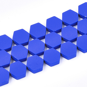 Spray Painted Non-magnetic Synthetic Hematite Beads Strands, Hexagon, Blue, 8.5x8x3mm, Hole: 1mm, about 45pcs/strand, 15.7 inch