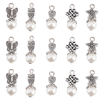 6 Sets Acrylic Imitated Pearl Pendants, with Tibetan Style Alloy Finding, Owl & Butterfly & Heart & Starfish, Antique Silver, 18~23mm, Hole: 2.5mm, 5pcs/set, 30pcs/box