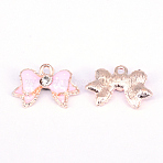 Rack Plating Alloy Enamel Pendants, with Crystal Rhinestone, Bowknot, Light Gold, Pink, 17x25x5mm, Hole: 2.5mm(ALRI-TAC0003-11LG-C)