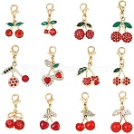 12Pcs 12 Styles Alloy Enamel with Rhinestone Cherry Pendant Decorations, with Lobster Claw Clasps, Golden, Mixed Color, 28~35mm, 1pc/style(HJEW-YW00263)