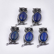 Natural Lapis Lazuli Brooches/Pendants, with Rhinestone and Alloy Findings, Owl, Antique Silver, 51x28~29x15~16.5mm, Hole: 4.5x8.5mm, Pin: 0.5mm(G-S353-05J)