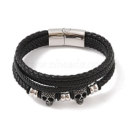 Braided Microfiber Leather Multi-strand Bracelets, Viking 304 Stainless Steel Skull Bracelets for Men, Antique Silver & Stainless Steel Color, 8-1/2x1-1/8 inch(21.5x3cm)(BJEW-B096-08F)