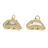 Brass Cubic Zirconia with Shell Pendants, Long-Lasting Plated, Lead Free & Cadmium Free, Dolphin, Real 18K Gold Plated, 13x18x3.5mm(KK-K342-22G)