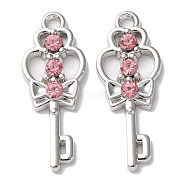 Eco-Friendly Alloy Pendants, with Glass, Heart with Key, Platinum, Pink, 25.5x10x2.5mm, Hole: 1.8mm(PALLOY-M215-12P-01)