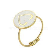 Ion Plating(IP) Flat Round with Heart 304 Stainless Steel Enamel Ring, Nickel Free, 316 Surgical Stainless Steel Open Cuff Ring for Women, Real 18K Gold Plated, Adjustable(RJEW-A038-05G)