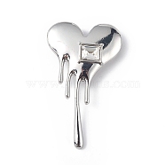 Cubic Zirconia Melting Heart Brooch Pin, Alloy Badge for Backpack Clothes, Platinum, 58x34x12mm(JEWB-E020-01P)