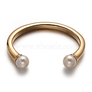 Ion Plating(IP) 316 Surgical Stainless Steel Cuff Bangles, with Imitation Acrylic Pearl Beads, Golden, 45x59mm(STAS-F013-01G)