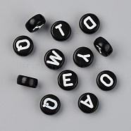 Opaque Acrylic Beads, with Enamel, Horizontal Hole, Flat Round with Initial Letter, White, Black, 9.5x4.5mm, Hole: 2mm(X-SACR-T338-11B)