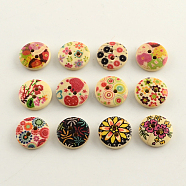 2-Hole Flower Pattern Printed Wooden Buttons, Flat Round, Mixed Color, 15x4mm, Hole: 2mm(X-BUTT-R031-057)