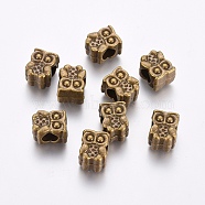 Alloy European Beads, Long-Lasting Plated, Large Hole Owl Beads, Nickel Free, Antique Bronze, 11.5x9x8mm, Hole: 5mm(MPDL-E026-01AB-NR)