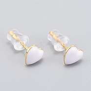 Brass Enamel Stud Earrings, with Plastic Ear Nuts, Long-Lasting Plated, Heart, Real 18K Gold Plated, White, 6x6.5mm, Pin: 1mm(EJEW-L231-65D)