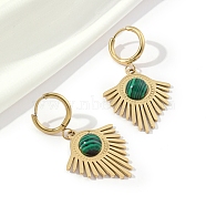 201 Stainless Steel Fan with Natural Malachite Dangle Hoop Earrings, with 304 Stainless Steel Pins, Golden, 43.5x24mm(EJEW-D084-05G)