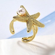 Brass Cuff Rings for Women, Starfish, with ABS Imitation Pearl, Rack Plating, Long-Lasting Plated, Lead Free and Cadmium Free, Real 18K Gold Plated, 25x24.5mm, Inner Diameter: 18mm(RJEW-Q008-02G)