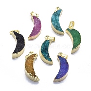 Natural Druzy Agate Pendants, Edge Golden Plated, with Golden Tone Brass Finding, Moon, Dyed & Heated, Mixed Color, 30~33x9.5~10x7.5~8.5mm, Hole: 3.5x5.5mm(G-O176T-08G)
