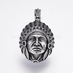 304 Stainless Steel Pendants, Native American Charm, Antique Silver, 40x30x17mm, Hole: 4.5x7mm(STAS-P172-01AS)