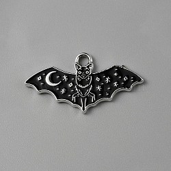 Halloween Alloy Enamel Pendants, Platinum, Bat Charm, Black, 13.5x25.5x1mm, Hole: 2mm(ENAM-CJC0002-34P-03)