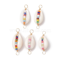 Natural Shell Connector Charms, Colorful Glass Seed Bead Copper Wire Wrapped Links, Golden, Mixed Color, 32~37.5x13.5~14.5x10.5mm, Hole: 3mm(PALLOY-JF02694)