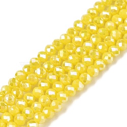 Electroplate Glass Beads Strands, Opaque Solid Color, AB Color Plated, Faceted, Rondelle, Yellow, 3.5~3.8x3mm, Hole: 0.4mm, about 113~115pcs/strand, 32.5~33cm(EGLA-A044-P3mm-B04)