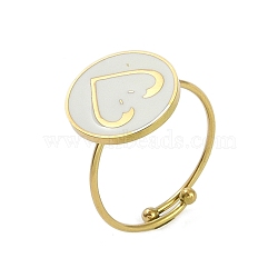 Ion Plating(IP) Flat Round with Heart 304 Stainless Steel Enamel Ring, Nickel Free, 316 Surgical Stainless Steel Open Cuff Ring for Women, Real 18K Gold Plated, Adjustable(RJEW-A038-05G)