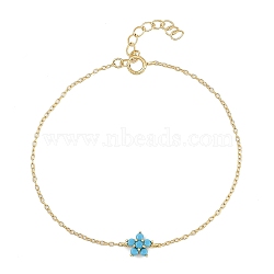 925 Sterling Silver Cubic Zirconia & Synthetic Turquoise Flower Link Bracelets, Cable Chains Bracelets for Women, Golden, 6-1/8 inch(15.5cm)(XT0862-3)