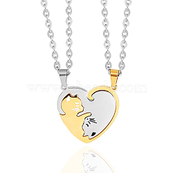 Two Tone Heart Puzzle Matching Necklaces Set, Cat Yin Yang Pendant Necklaces, Love Magnetic 316L Surgical Stainless Steel Necklaces for Women Men Lovers Gift, Platinum & Golden, 23.62 inch(60cm), 2pcs/set(JN1010B)