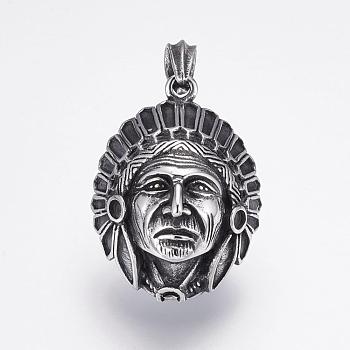 304 Stainless Steel Pendants, Native American Charm, Antique Silver, 40x30x17mm, Hole: 4.5x7mm