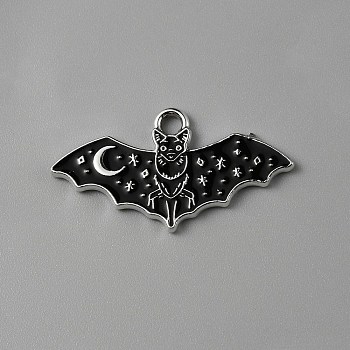 Halloween Alloy Enamel Pendants, Platinum, Bat Charm, Black, 13.5x25.5x1mm, Hole: 2mm