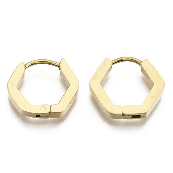 304 Stainless Steel Huggie Hoop Earrings, Hexagon, Real 18K Gold Plated, 13.5x15x2.5mm, Pin: 0.8mm