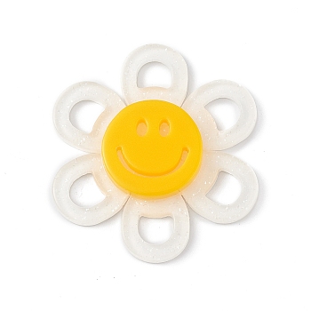 Acrylic Cabochons, with Glitter Powder, Flower with Smiling Face, White, 37x4.5mm