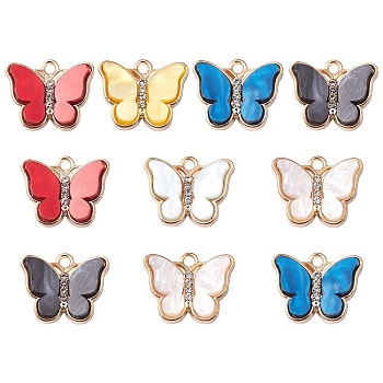 Acrylic Pendants, with Light Gold Tone Alloy Rhinestone Findings, Butterfly Charm, Mixed Color, 15x18x4mm, Hole: 1.8mm