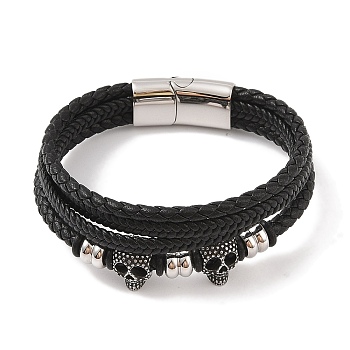 Braided Microfiber Leather Multi-strand Bracelets, Viking 304 Stainless Steel Skull Bracelets for Men, Antique Silver & Stainless Steel Color, 8-1/2x1-1/8 inch(21.5x3cm)