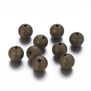 Brass Textured Beads, Round, Nickel Free, Antique Bronze, 8mm, Hole: 1.5~2mm