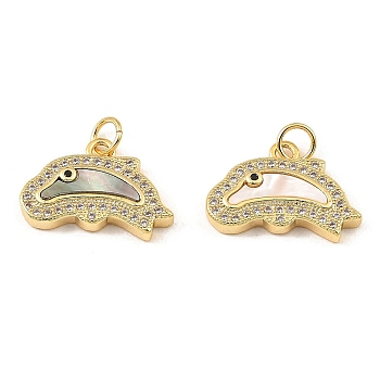 Brass Cubic Zirconia with Shell Pendants, Long-Lasting Plated, Lead Free & Cadmium Free, Dolphin, Real 18K Gold Plated, 13x18x3.5mm