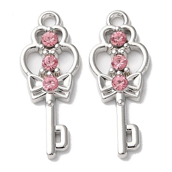 Eco-Friendly Alloy Pendants, with Glass, Heart with Key, Platinum, Pink, 25.5x10x2.5mm, Hole: 1.8mm