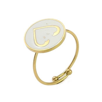 Ion Plating(IP) Flat Round with Heart 304 Stainless Steel Enamel Ring, Nickel Free, 316 Surgical Stainless Steel Open Cuff Ring for Women, Real 18K Gold Plated, Adjustable